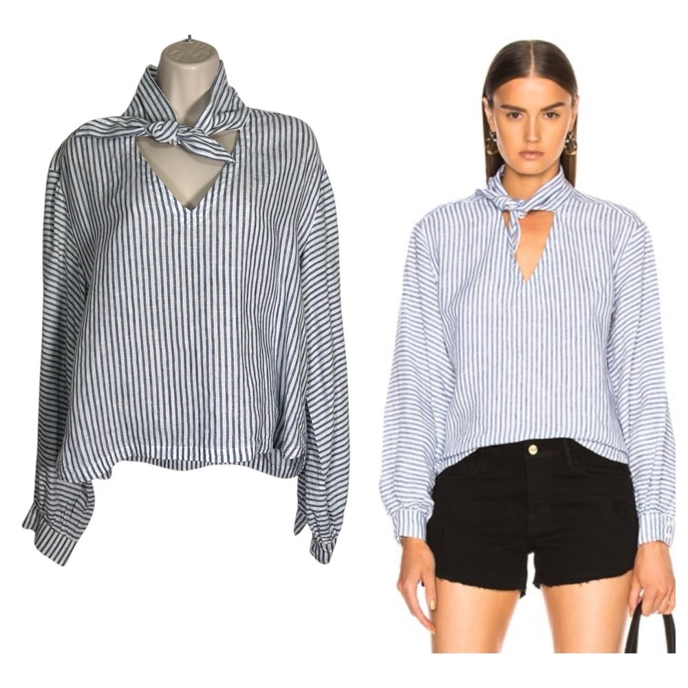 Frame Denim Blue Striped Tie Front Relaxed Blouse